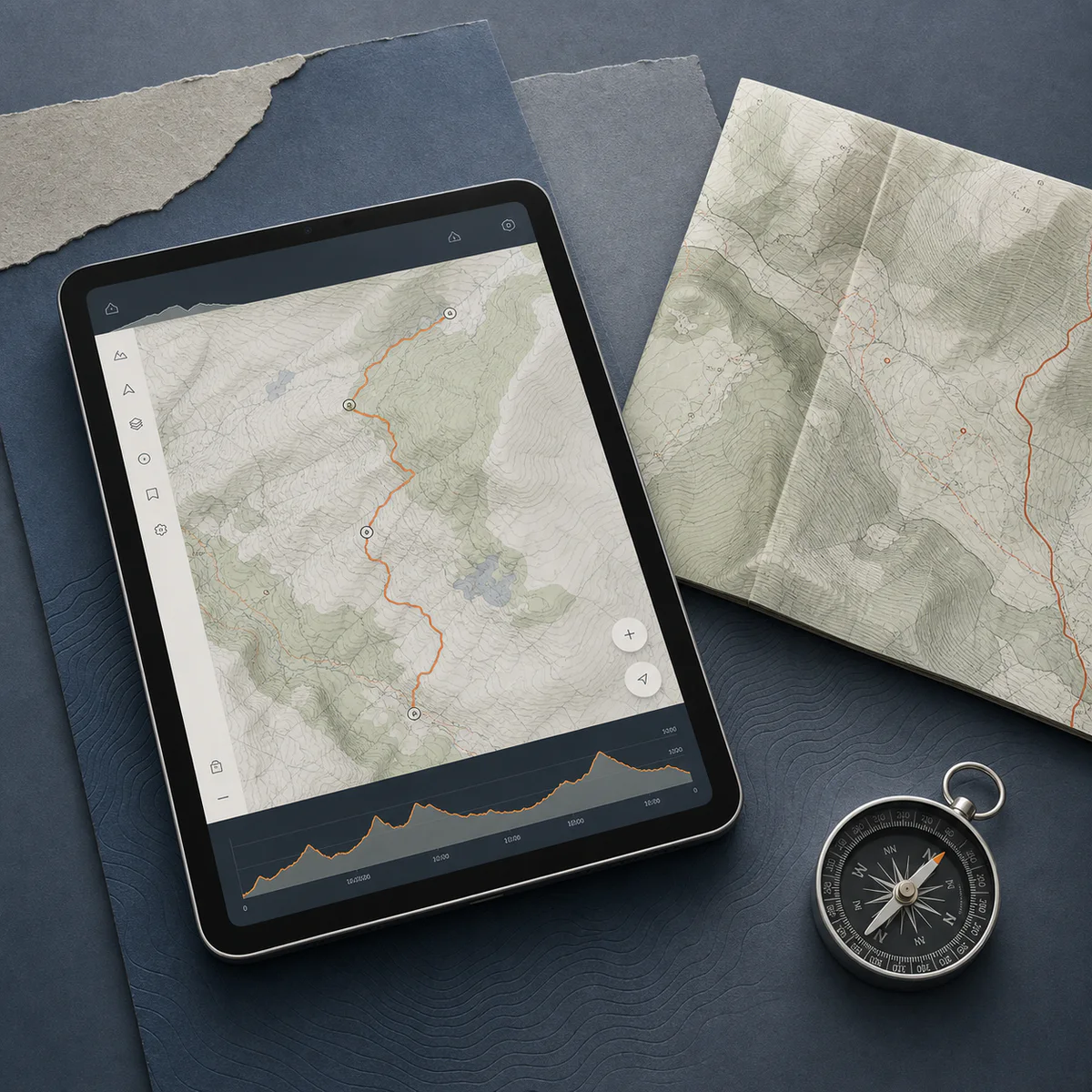 Tablet showing a topographic route beside a folded map and compass