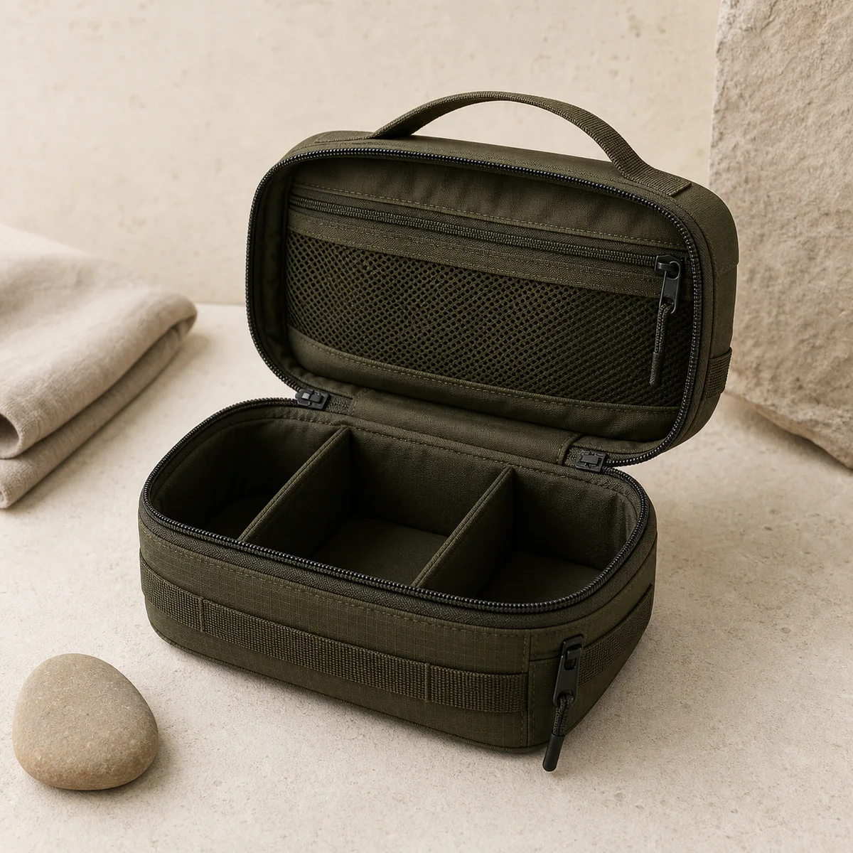 Open olive Campora field organizer with adjustable compartments