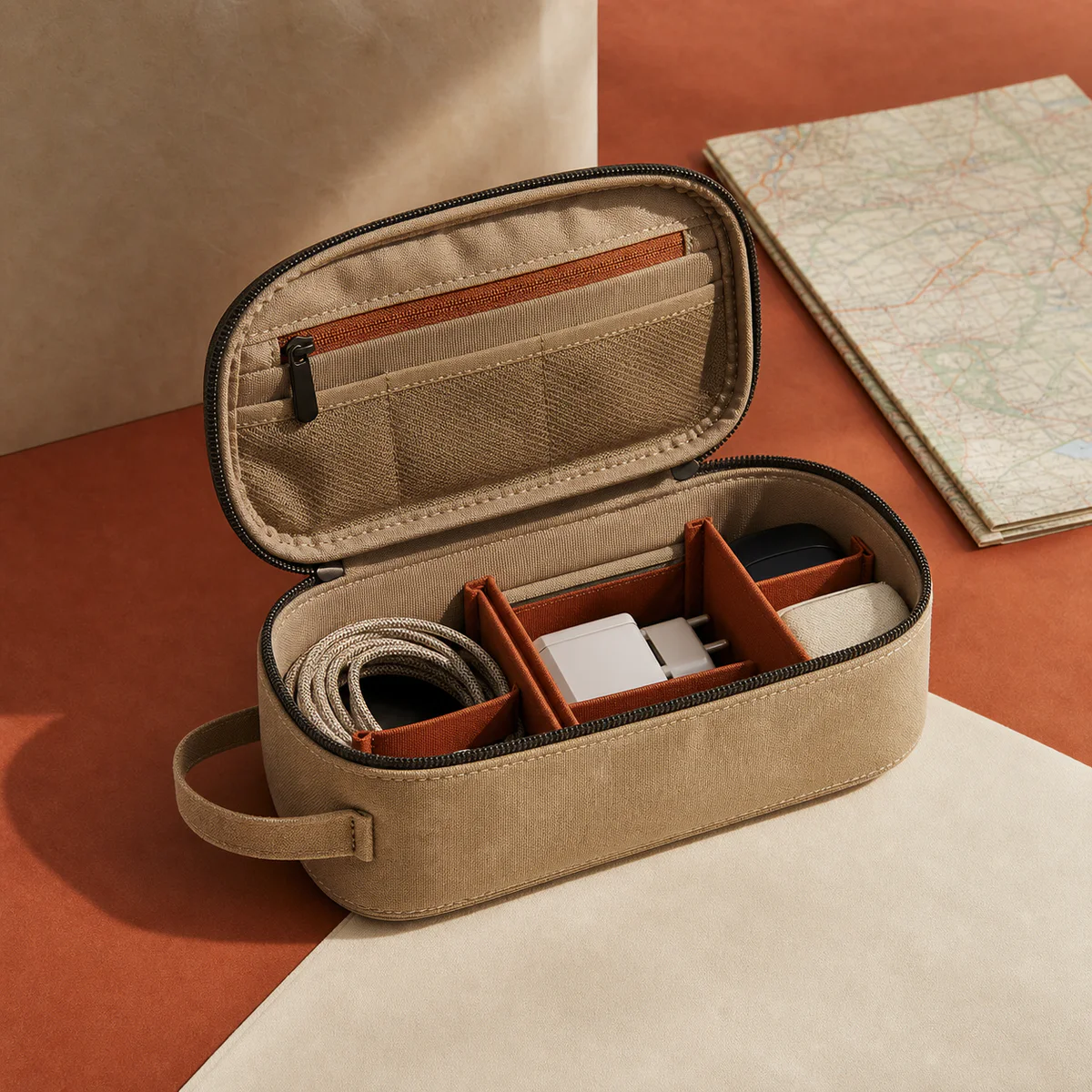 Open sand canvas Campora travel pouch with organized charging essentials